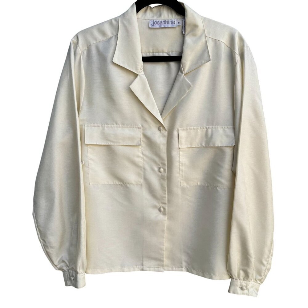 Josephine Vintage Womens Cream Poly Shantung Button-Up Roll Tab Sleeve Blouse 14